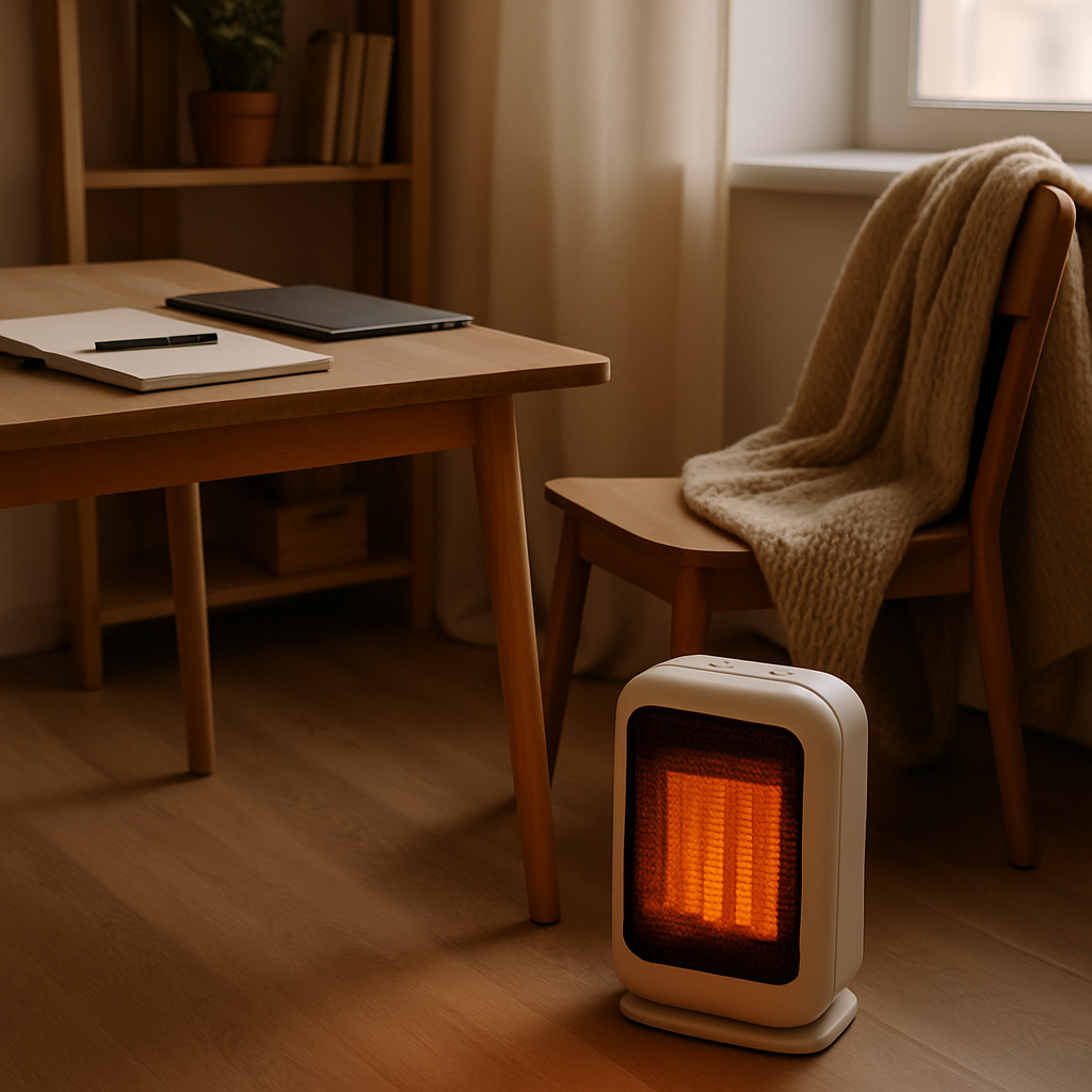 portable heater warming a neat cold workspace