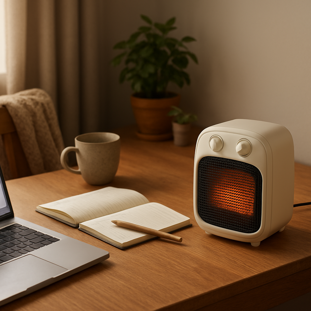 Quiet Heat portable heater workspace scene