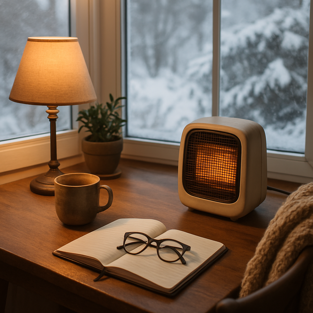 Winter Routine portable heater workspace scene